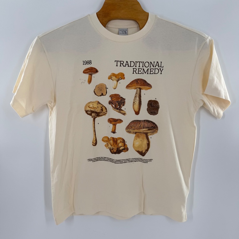 Cotton On Mens Mushroom Graphic T-Shirt Cream Traditional Remedy Box Fit Medium